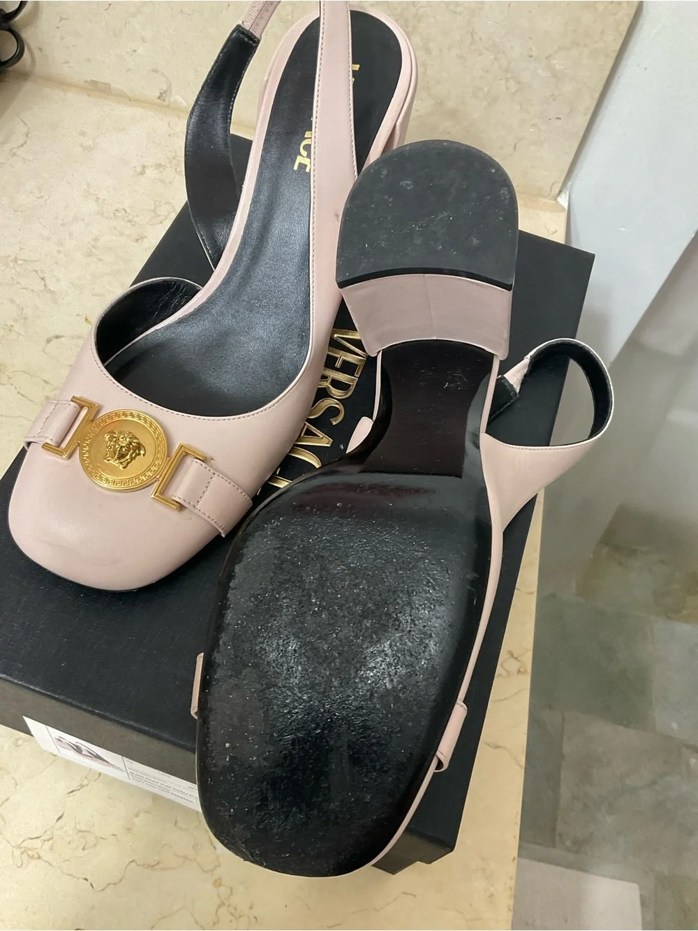 Versace Blush Pink Leather Slingback Heels with Gold Medallions